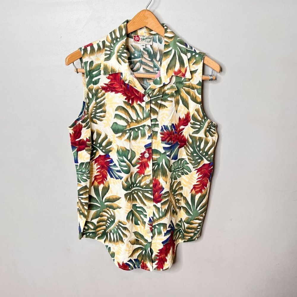 Hilo Hattie Tropical Hawaiian Print Sleeveless Front Tie Shirt- Size M